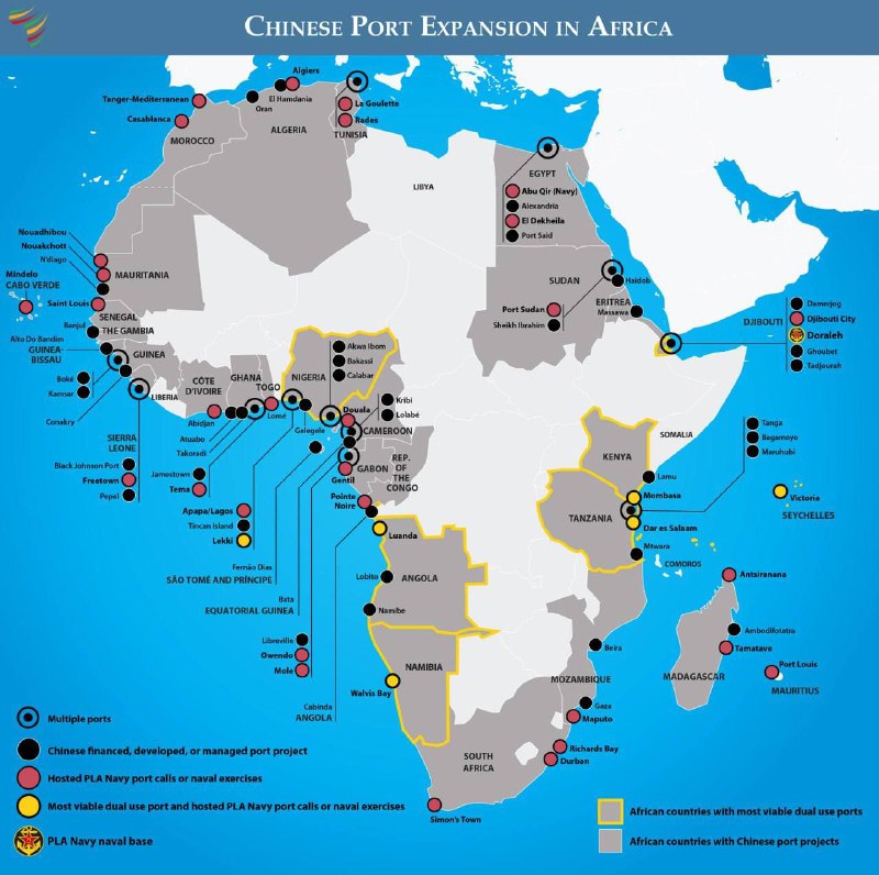 中国在非洲的战略港口发展蓝图资料来源：非洲战略研究中心（African Center for Strategic Studies, ACSS），Mapping China’s Strategic Port Development in Africa