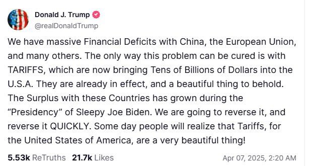 特朗普：有一天人们会意识到，关税对于美国来说是一件非常美好的事情！
