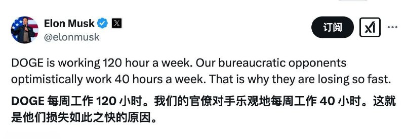 马斯克称推行“每周120小时工作制”引争议特斯拉与SpaceX首席执行官埃隆·马斯克在X（原Twitter）上表示，他已在两周内将其硅谷式工作文化带入华盛顿