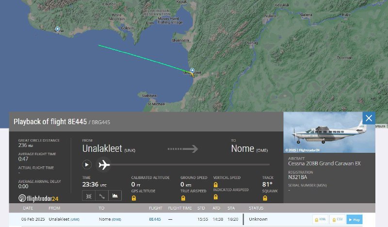 美国白令航空一架客机失联当地时间2月6日下午3时许，美国白令航空公司一架载有10人的Cessna 208 Caravan飞机在阿拉斯加州诺姆附近失联