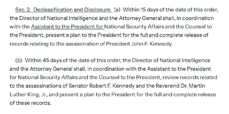 特朗普签署行政令全面解密JFK等刺杀档案特朗普于2025年1月23日签署行政令，要求全面解密肯尼迪总统（JFK）、罗伯特·肯尼迪（RFK）和马丁·路德·金（MLK）刺杀事件的剩余联邦文件