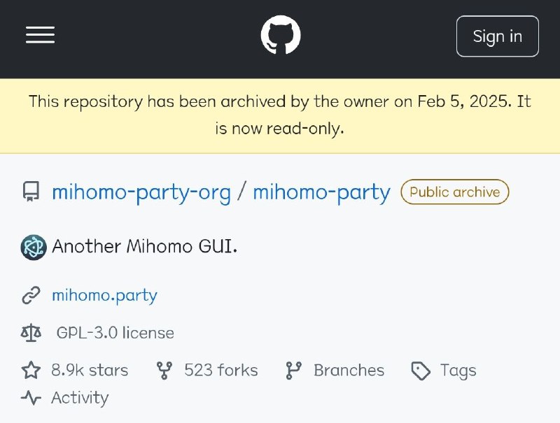 Mihomo-Party项目归档mihomo-party channel:因之前某位开发者玩失联的骚操作，本Mihomo-Party项目关闭，所有代码仓库归档，后会有期GitHub | Telegram#代理 #软件